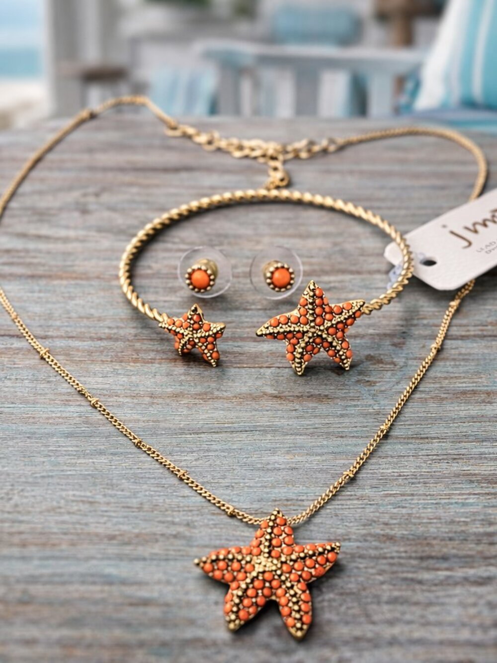 Vintage Set of 3 Starfish Necklace Cuff Stud Earrings Coral Orange